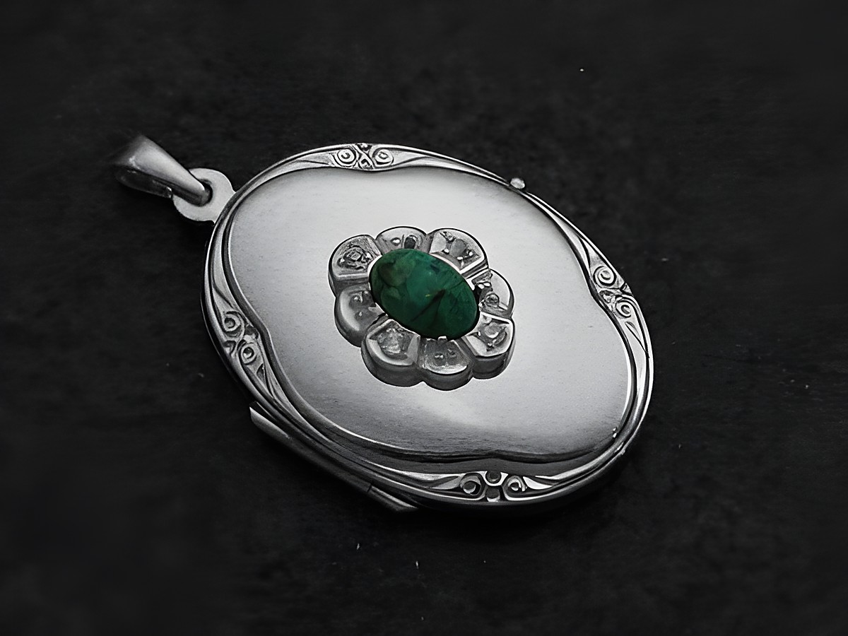 Chrysokoll grün Medaillon Cabochon in Weißgold 585 mit Brillanten, von Juwelier Harnisch, elegant gestaltet mit floralen Motiven und glänzender Oberfläche, ideal als Schmuckstück.