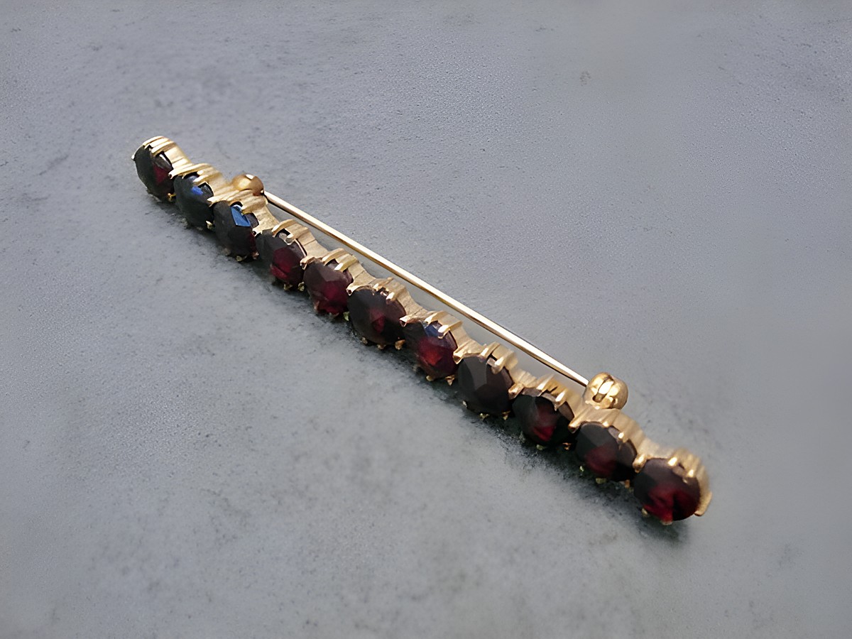 Dezente Gold Brosche mit Granatschmuck, 56,9 mm lang, gefertigt vom Juwelier Harnisch, mit mehreren rot schimmernden Granatsteinen. Ideal als elegantem Accessoire.