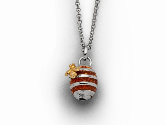 Sterling Silber Kette mit einem kleinen, bernsteinfarbenen Bienenanhänger und gestreiftem Design, Herstellermarke DUR, Gesamtlänge von 42 cm.