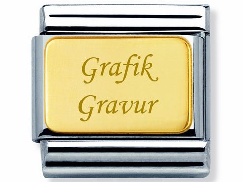 Ein Classic bicolor Element von Nomination mit einer goldenen Oberfläche und der eingravierten Aufschrift Grafik Gravur, umgeben von silbernem Edelstahl.