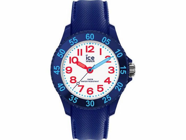 Eine blaue Armbanduhr von Ice Watch mit einem weißen Ziffernblatt und roten sowie blauen Akzenten, wasserfest und im Cartoon-Stil mit kindgerechten Ziffern und Design.
