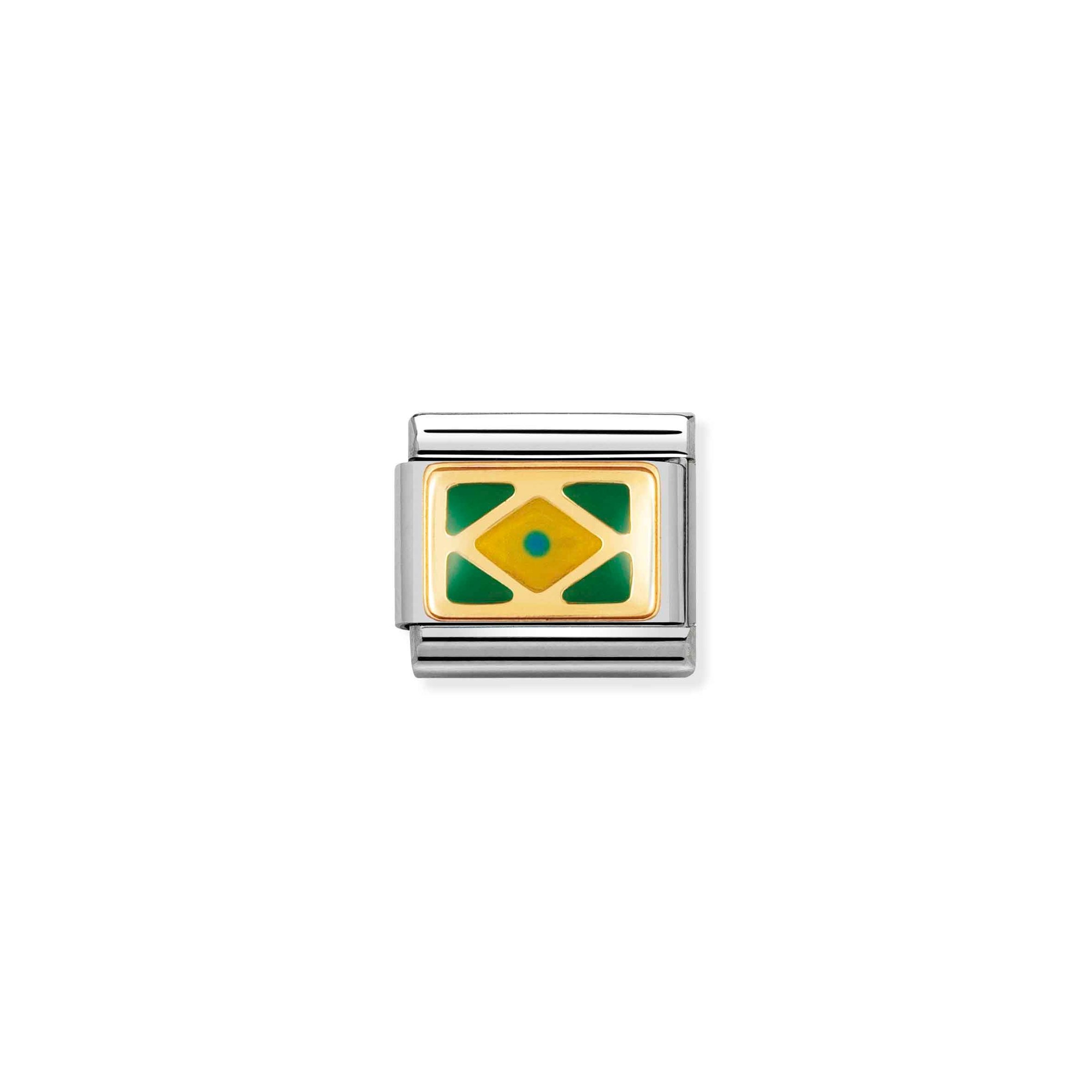 Nomination Composable Classic Charm Flagge Brasilien - Edelstahl, Gold 750 Gelbgold, Emaille