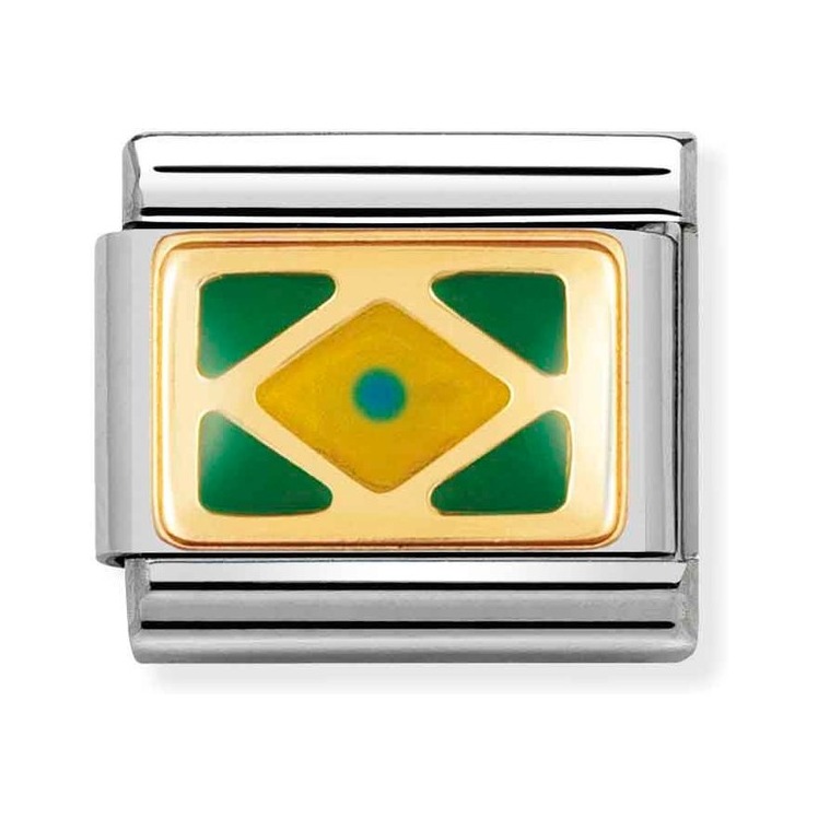Nomination Composable Classic Charm Flagge Brasilien - Edelstahl, Gold 750 Gelbgold, Emaille