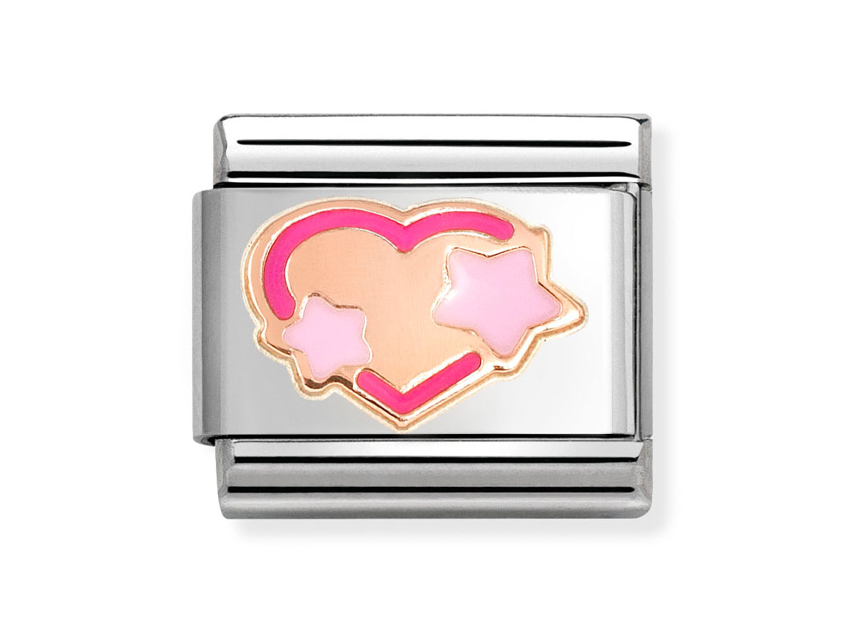 Roségoldenes Element von Nomination mit einem Herz und zwei Sternen in Rosa und Pink, ideal für individuelle Armbänder, hochwertiger Emaille-Akzent, neueste Kollektion.