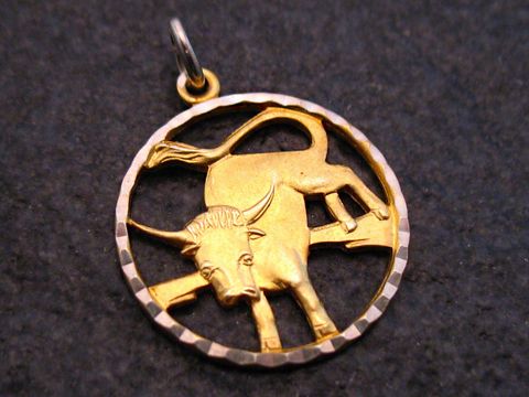 Anhänger aus Gold und Silber mit dem Sternzeichen Stier, hergestellt von Juwelier Harnisch, präsentiert ein kunstvolles Design mit einem stilisierten Stier im Kreis.