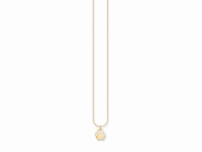 Silberne Kette von Thomas Sabo mit einem Anhänger in Form einer Hundepfote, vergoldet und mit kaltem Email in Weiß, verstellbar von 38 bis 45 cm.