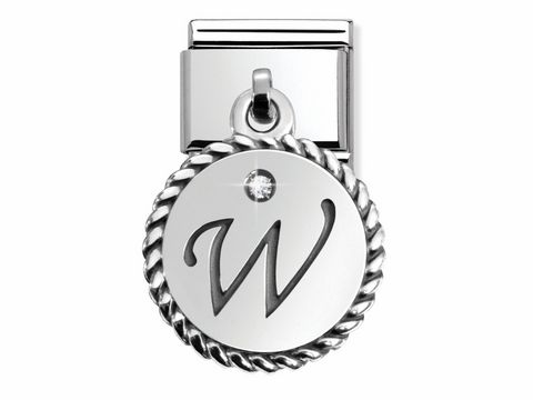 Silberner CHARMS LETTERS Buchstabe W mit einer Verzierung aus einem Zwirnmuster und einem eingebetteten Stein, Hersteller Nomination, Modellnummer 031715 23.