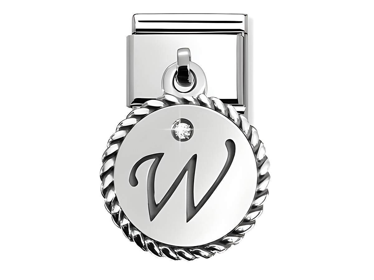 Silberner CHARMS LETTERS Buchstabe W mit einer Verzierung aus einem Zwirnmuster und einem eingebetteten Stein, Hersteller Nomination, Modellnummer 031715 23.