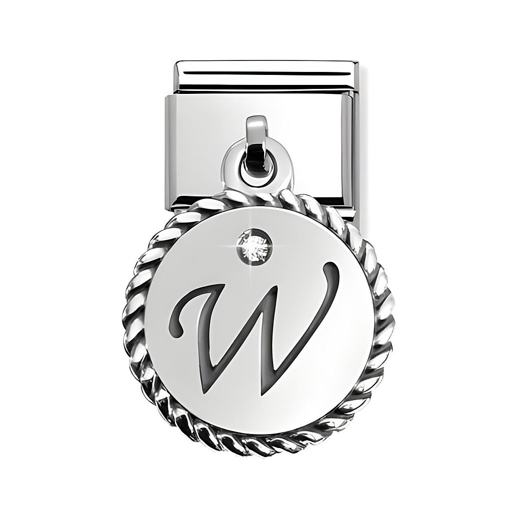 Silberner CHARMS LETTERS Buchstabe W mit einer Verzierung aus einem Zwirnmuster und einem eingebetteten Stein, Hersteller Nomination, Modellnummer 031715 23.