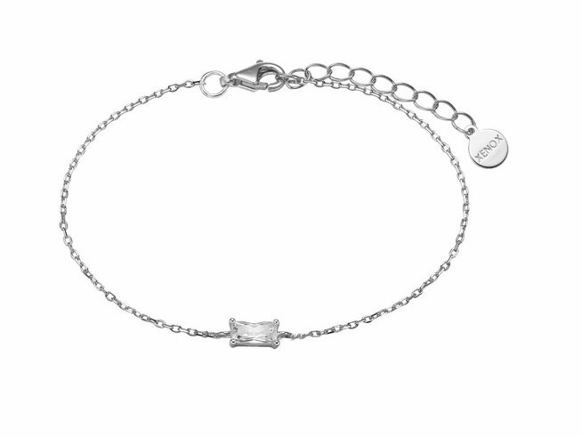 Elegantes Xenox Sterling Silber Armband XS6030 mit fancy cut Karreekette, verstellbar von 15 bis 20 cm, mit einem zentralen, rechteckigen Element und einem Herstelleranhänger.