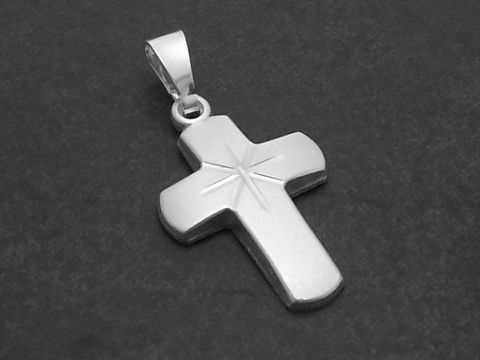 Kreuz Anhänger aus Sterling Silber, mattiert und mit göttlichem Muster, Hersteller Juwelier Harnisch. Das Design ist schlicht und elegant, ideal als Schmuckstück für jeden Anlass.