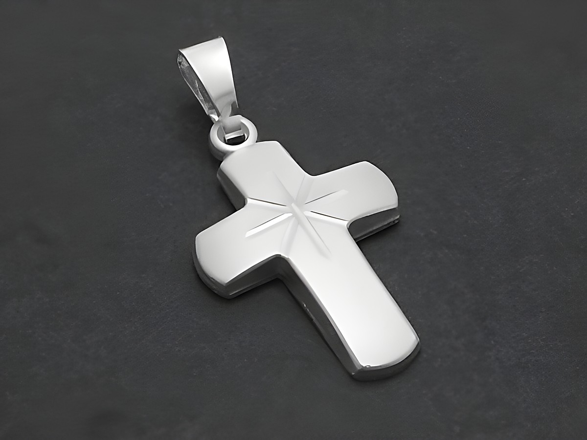Kreuz Anhänger aus Sterling Silber, mattiert und mit göttlichem Muster, Hersteller Juwelier Harnisch. Das Design ist schlicht und elegant, ideal als Schmuckstück für jeden Anlass.