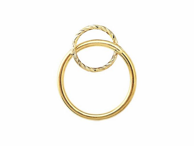 Gelbgold 585 Anhänger von Xenox, poliertes Design mit zwei ineinandergreifenden Ringen, einer glatt und einer gedreht, ideal für eleganten Schmuck.