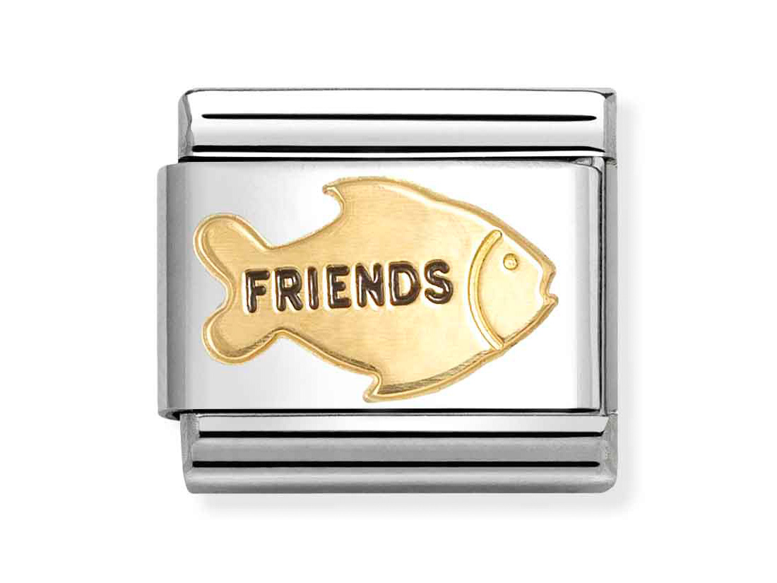 Ein Fisch-Anhänger mit dem Schriftzug FRIENDS in Gold und einer silbernen Umrandung, geeignet für Schmuckliebhaber und Freunde von Pandora. Neuheit im Sortiment.