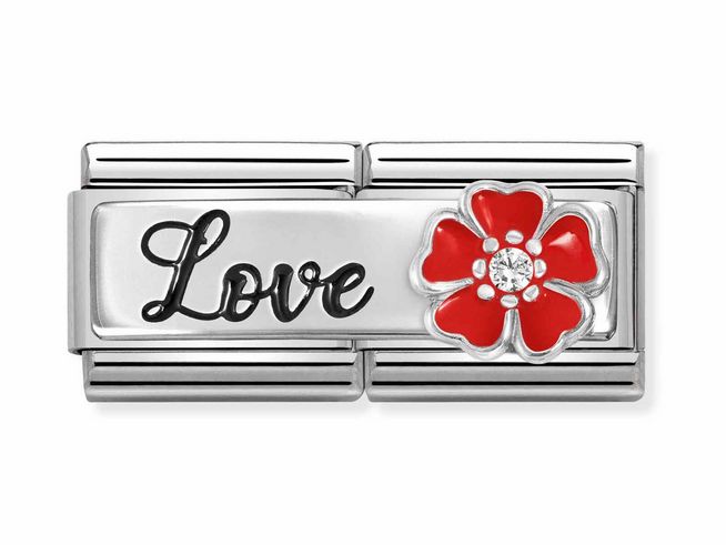 Ein silbernes Armbandglied von Nomination mit der Aufschrift Love und einer roten Blume, verziert mit Zirkonia und Emaille, elegantes Design für Liebhaber von Schmuck.