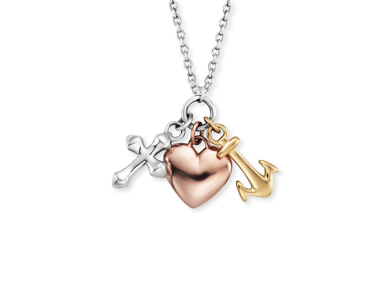 Kette aus Silber mit einem Anhänger in Form eines Kreuzes, eines Herzens und eines Ankers in drei Farben: Silber, Roségold und Gold, Modell Engelsrufer ERN-FLH-TRICO.