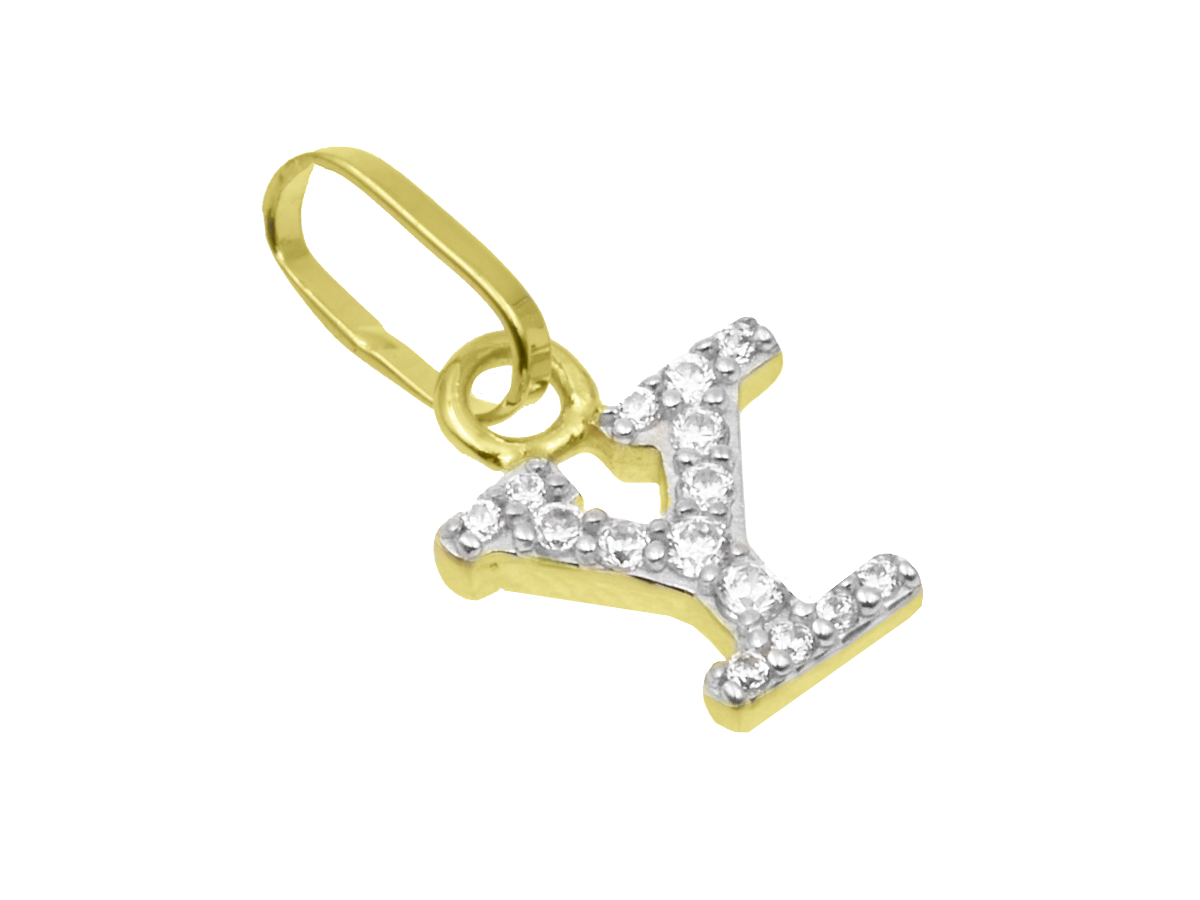 Buchstaben Anhänger - Buchstabe Y - Sterling Silber Gelbgold Vergoldung - Zirkonia Buchstaben Anhänger Y aus Sterling Silber mit Gelbgold Vergoldung, verziert mit Zirkonia, hergestellt von Juwelier Harnisch.