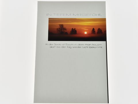 Eine Trauerkarte mit einem gefühlvollen Sonnenuntergang im Hintergrund. Der orangefarbene Himmel wird von Silhouetten von Bäumen eingerahmt, ergänzt durch den Text "In tiefem Mitgefühl".