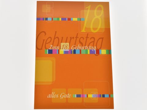Geburtstagskarte in Orange, auf der "Zum 18. Geburtstag" und "alles Gute" steht, verziert mit bunten grafischen Elementen, Hersteller Juwelier Harnisch, ideal für einen besonderen Geburtstag.