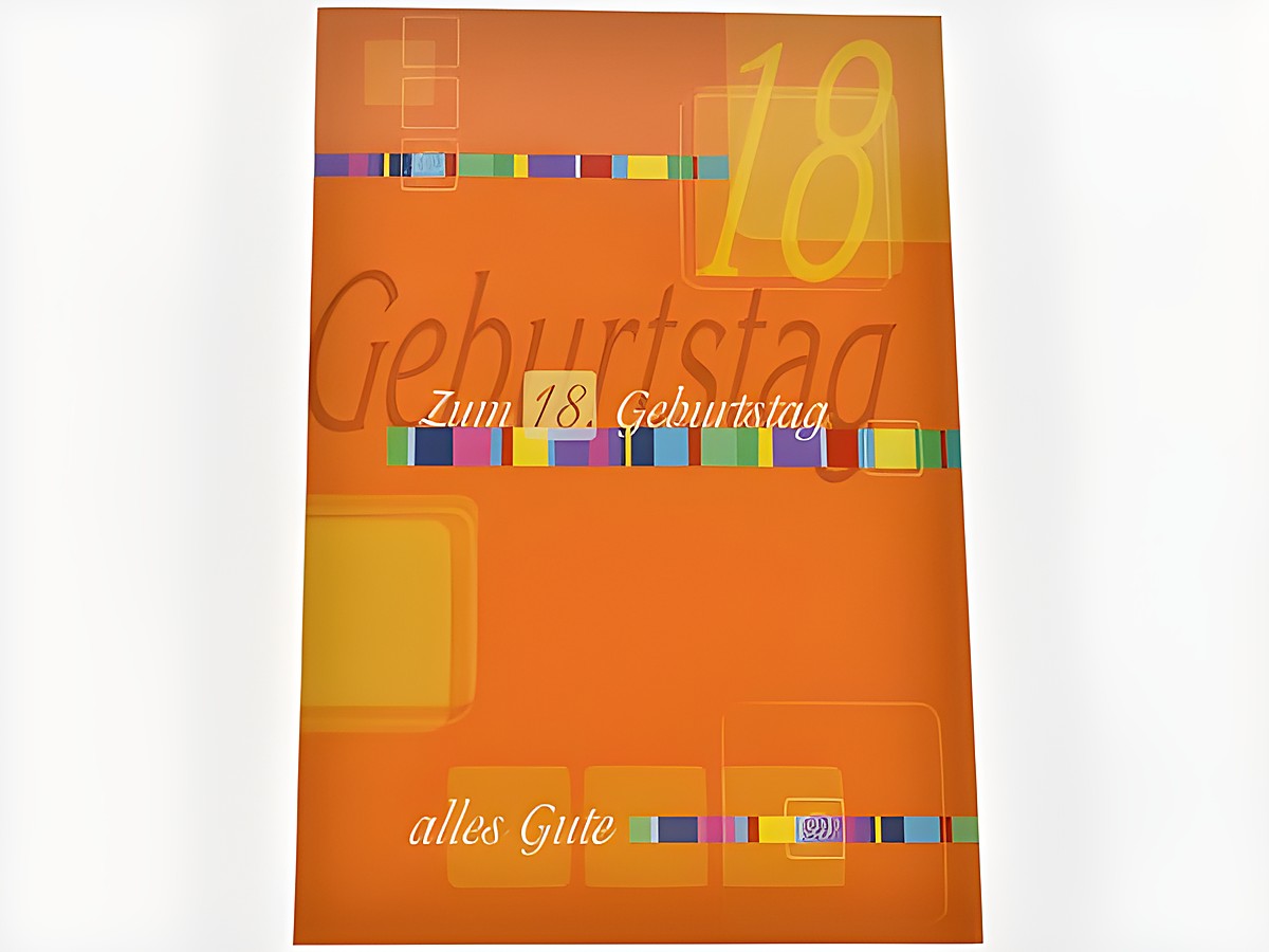 Geburtstagskarte in Orange, auf der "Zum 18. Geburtstag" und "alles Gute" steht, verziert mit bunten grafischen Elementen, Hersteller Juwelier Harnisch, ideal für einen besonderen Geburtstag.