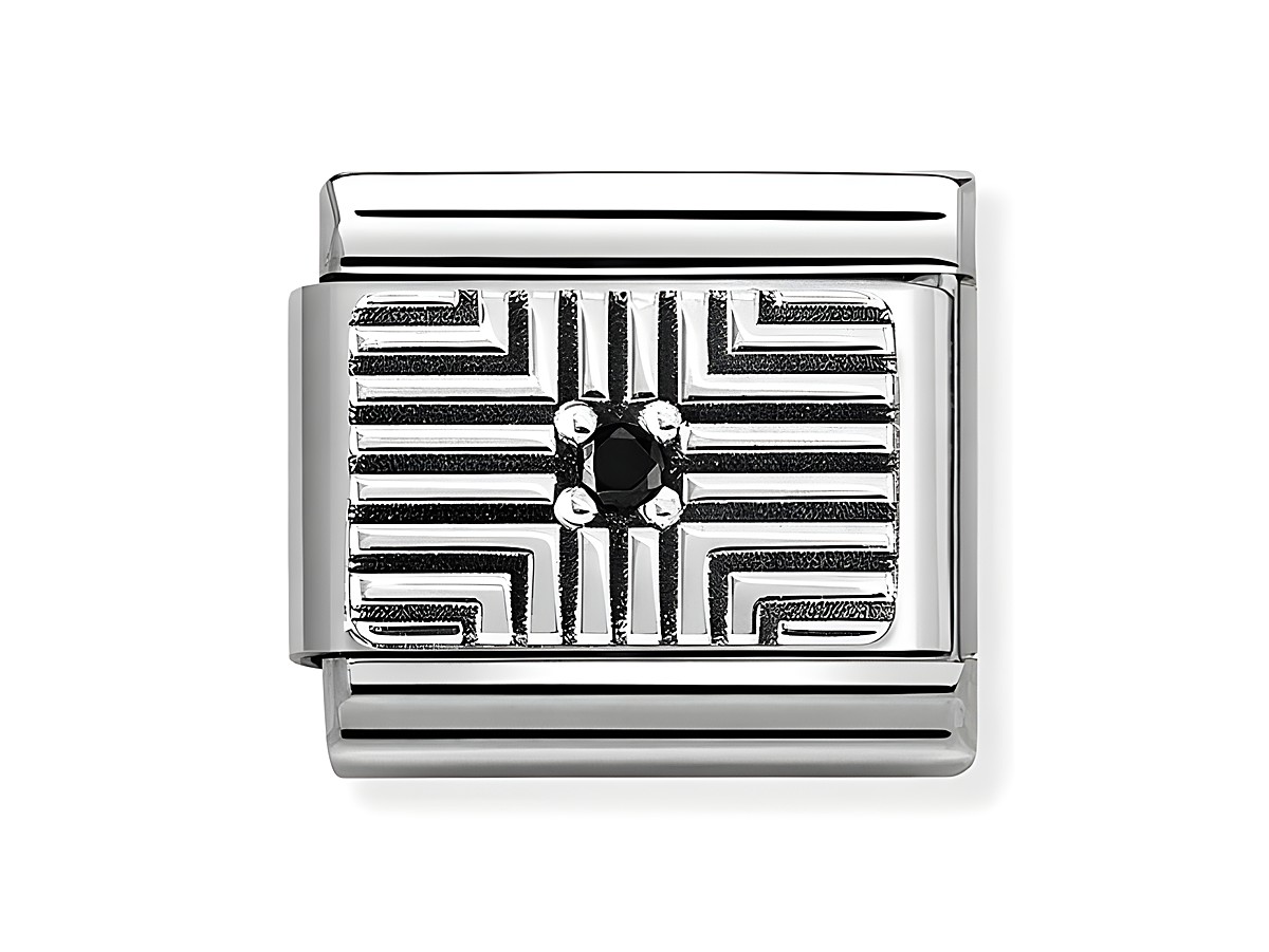 Gestreiftes Plättchen aus Edelstahl und Sterling Silber mit schwarzem Zirkonia in der Mitte, designorientiert und eleganter Schmuck für Armbänder von Nomination.