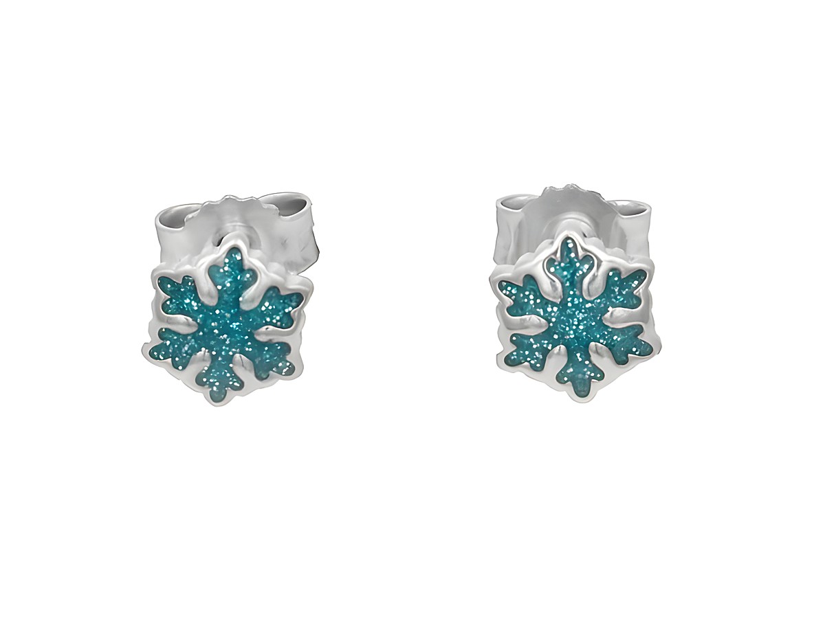 Ohrstecker in Schneeflockenform aus poliertem rhodiniertem Sterling Silber mit glänzendem hellblauem Glitzerlack, perfekt für Kinder, Hersteller Juwelier Harnisch.