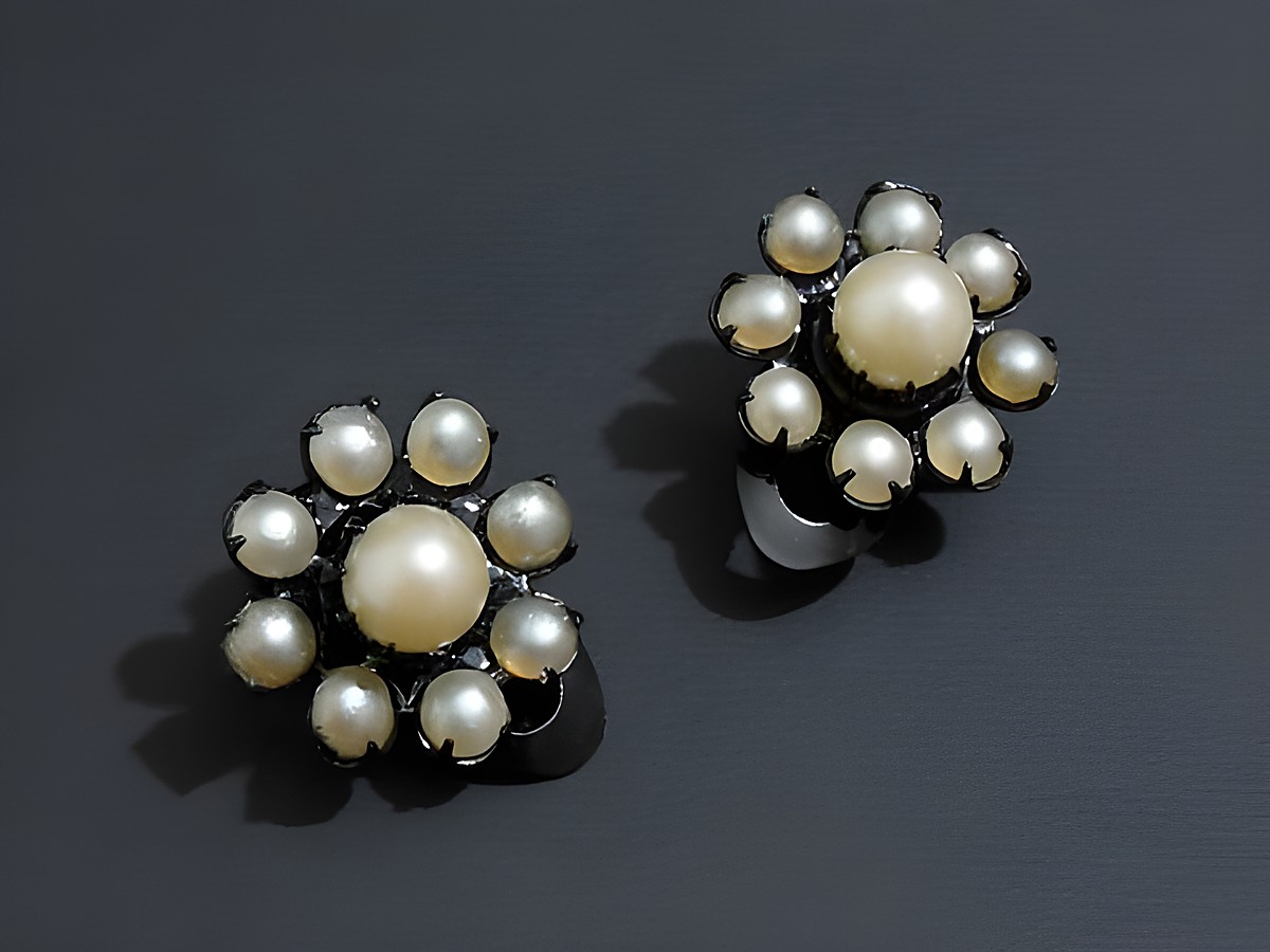 Strass Ohrclip grazil aus Champagner-Mix und Schwarz, Hersteller Juwelier Harnisch, glänzende Perlen in Blumenform mit ansprechendem Design. Ideal für besondere Anlässe.