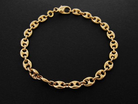 Armband Kästchenpanzer in Gold 585, 5,3 x 1,9 mm, Länge 18,5 cm, hochwertiger Schmuck vom Hersteller Juwelier Harnisch, glänzende goldene Glieder.