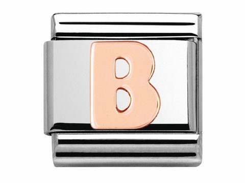 Buchstabe B in Roségold auf einem klassischen Nomination Armbandglied, gefertigt aus Edelstahl, für individuellen Schmuck. Ideal für Personalisierungen und Geschenke.