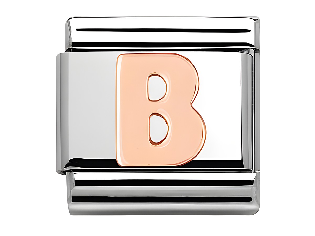 Buchstabe B in Roségold auf einem klassischen Nomination Armbandglied, gefertigt aus Edelstahl, für individuellen Schmuck. Ideal für Personalisierungen und Geschenke.