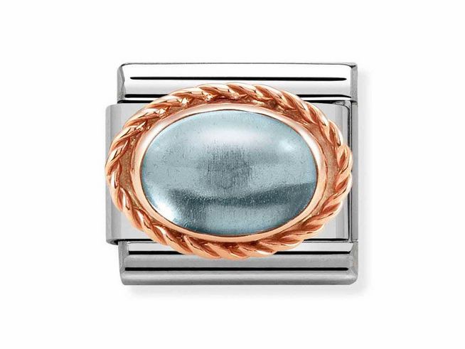 Kordel aus Edelstahl mit einem ovalen Topas in Blau, umgeben von einer eleganten Roségold-Einfassung im klassischen Design von Nomination. Ideal für modische Akzente.