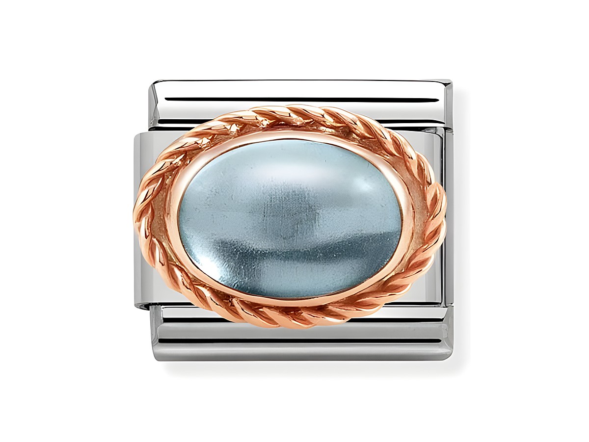 Kordel aus Edelstahl mit einem ovalen Topas in Blau, umgeben von einer eleganten Roségold-Einfassung im klassischen Design von Nomination. Ideal für modische Akzente.