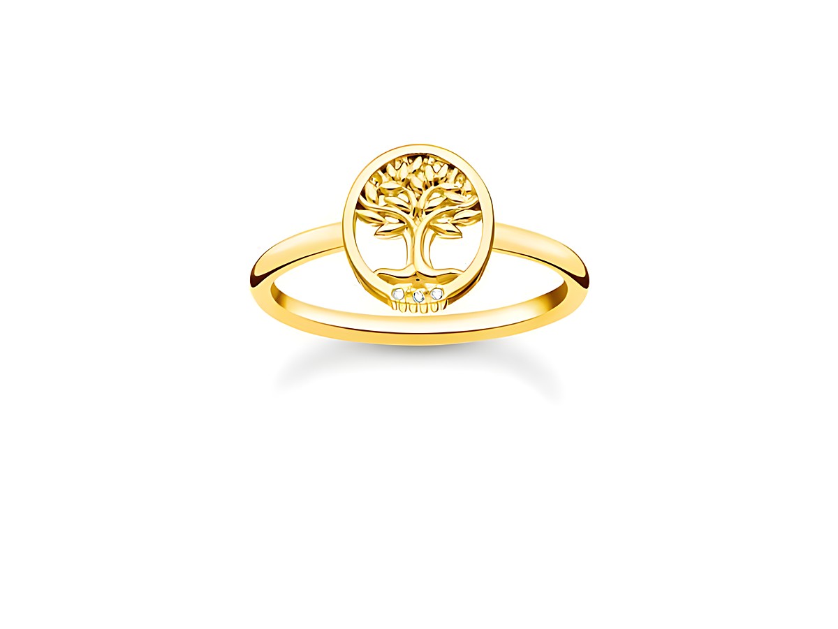 Thomas Sabo Charming Lebensbaum Ring aus Sterling Silber in vergoldet mit Zirkonia in weiß, Größe 50, fein gearbeitetes Baumdesign in goldfarben mit funkelnden Details.