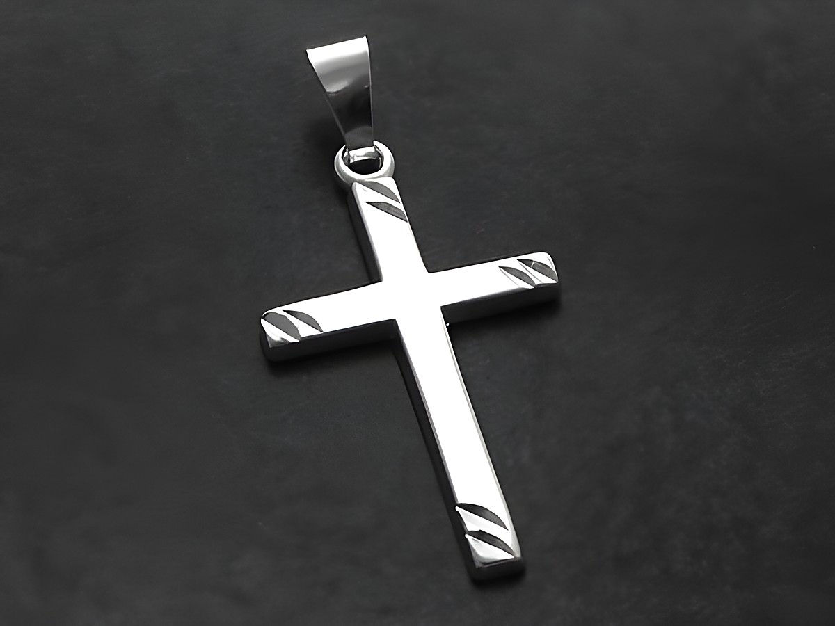 Kreuz Anhänger aus Sterling Silber, mattiert mit Diamantschliff und dezentem Muster, Hersteller Juwelier Harnisch.