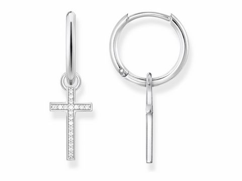 Thomas Sabo Creolen in Silber mit Kreuzanhänger, verziert mit weißen Zirkonia, Größe 2,7 cm, elegant und modern, ideal für jeden Anlass.