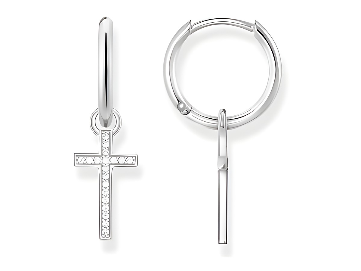 Thomas Sabo Creolen in Silber mit Kreuzanhänger, verziert mit weißen Zirkonia, Größe 2,7 cm, elegant und modern, ideal für jeden Anlass.
