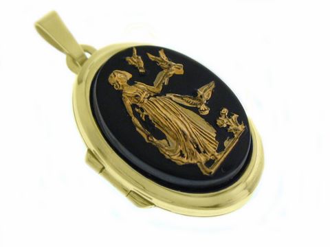 Göttlich Medaillon mit Cabochon aus Gold 585, Hersteller Juwelier Harnisch, zeigt eine feine Darstellung einer Frau mit Vögeln auf schwarzem Hintergrund. Elegantes Schmuckstück.
