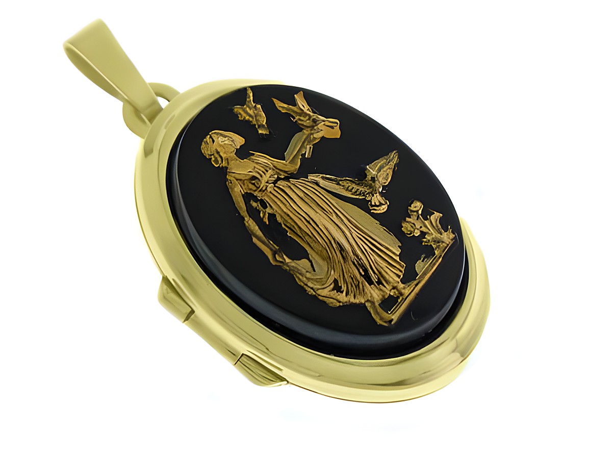 Göttlich Medaillon mit Cabochon aus Gold 585, Hersteller Juwelier Harnisch, zeigt eine feine Darstellung einer Frau mit Vögeln auf schwarzem Hintergrund. Elegantes Schmuckstück.