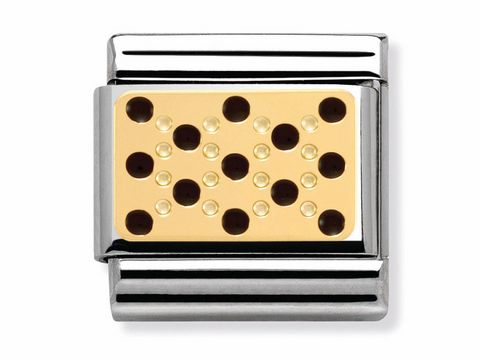 Goldene Schmuckplatte von Nomination mit schwarzen und goldenen Punkten, eingebettet in ein elegantes Metalldesign der Elegance Collection. Ideal für modische Armbänder.