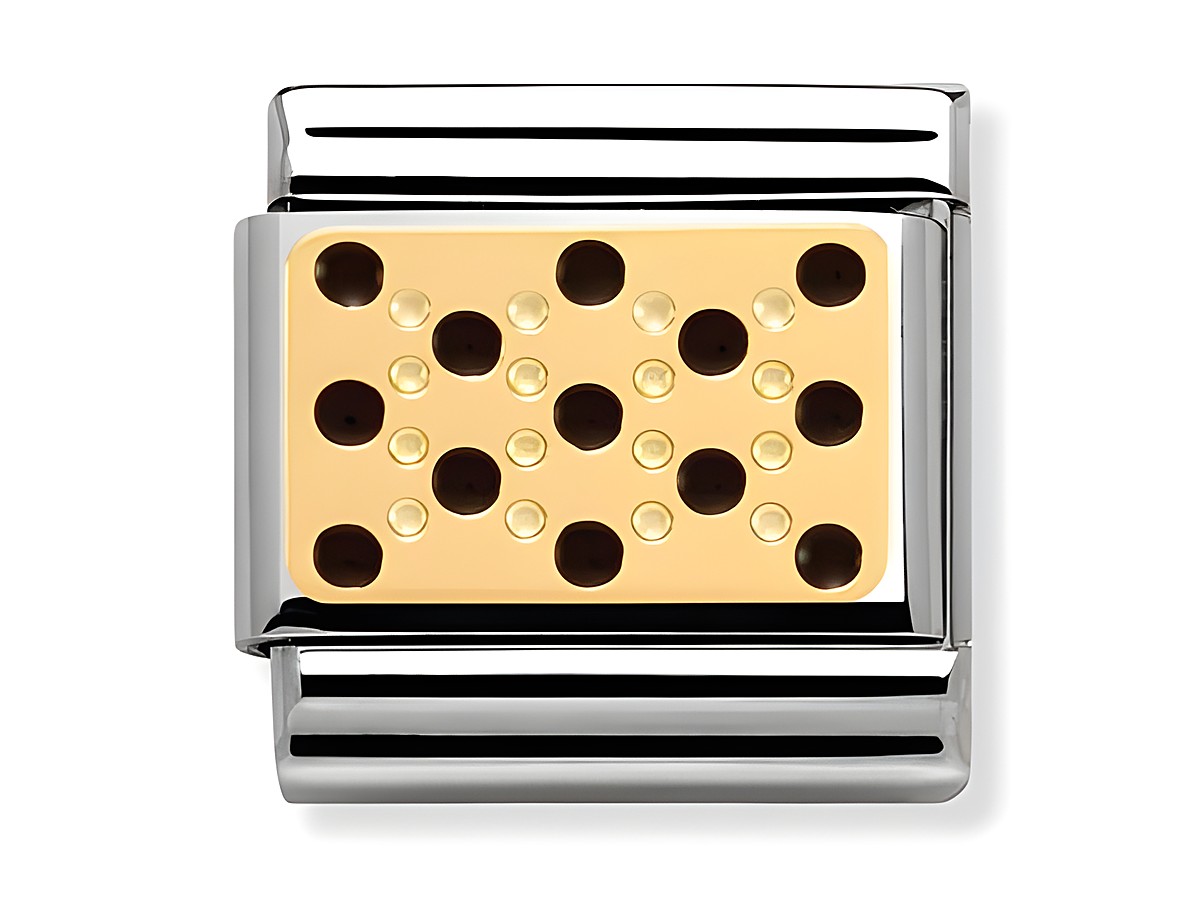 Goldene Schmuckplatte von Nomination mit schwarzen und goldenen Punkten, eingebettet in ein elegantes Metalldesign der Elegance Collection. Ideal für modische Armbänder.