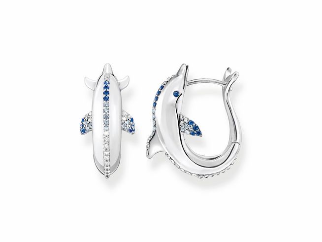 Delfin Creole von Thomas Sabo aus Sterling Silber, verziert mit synthetischem Spinell und Zirkonia, zeigt ein elegantes Design mit glitzernden Details und einem verspielten Ausdruck.