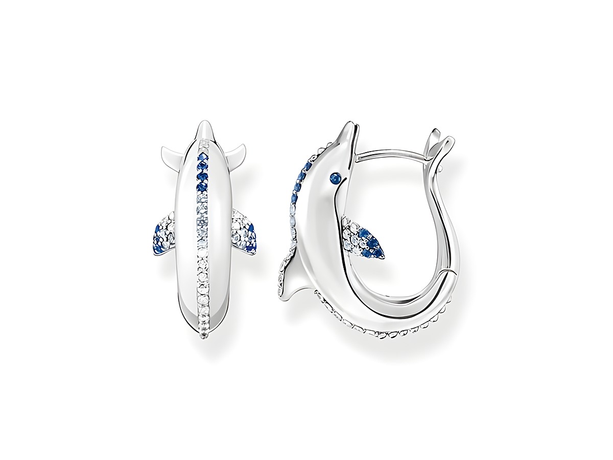 Delfin Creole von Thomas Sabo aus Sterling Silber, verziert mit synthetischem Spinell und Zirkonia, zeigt ein elegantes Design mit glitzernden Details und einem verspielten Ausdruck.