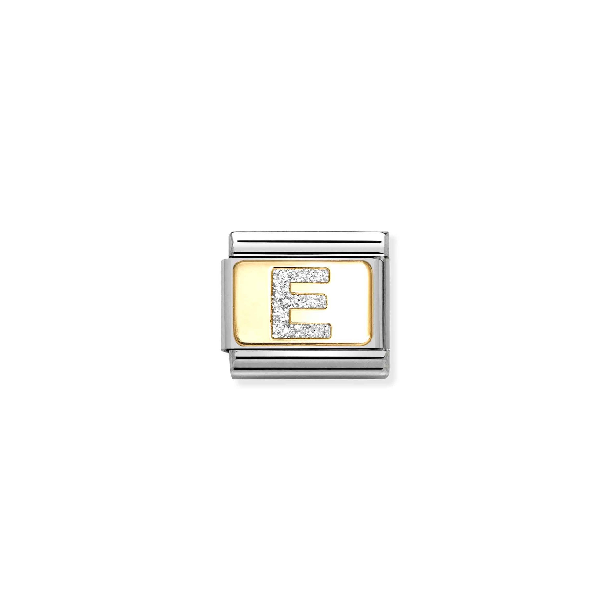 Nomination Composable Classic Charm Buchstabe E Glitzer - Edelstahl, Gold 750, Emaille