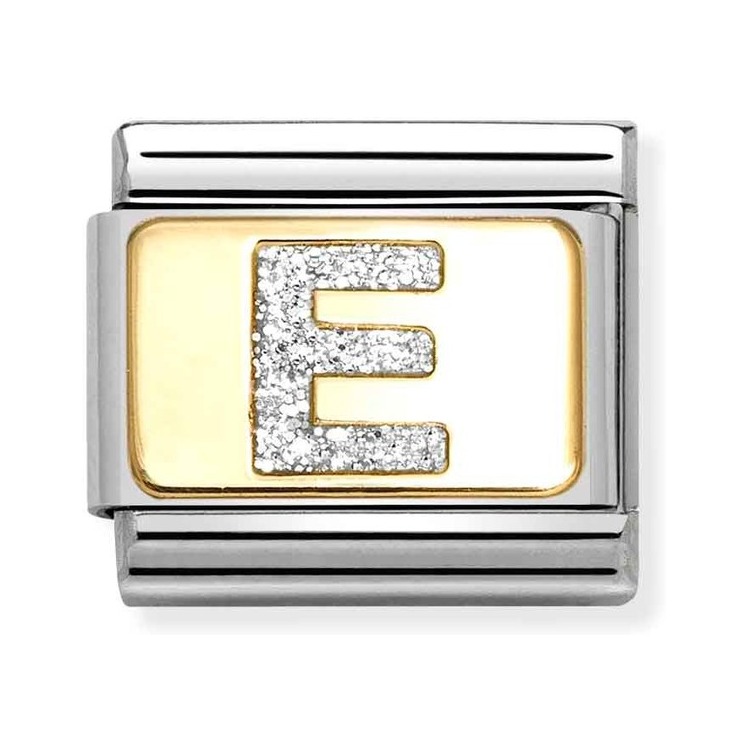 Nomination Composable Classic Charm Buchstabe E Glitzer - Edelstahl, Gold 750, Emaille