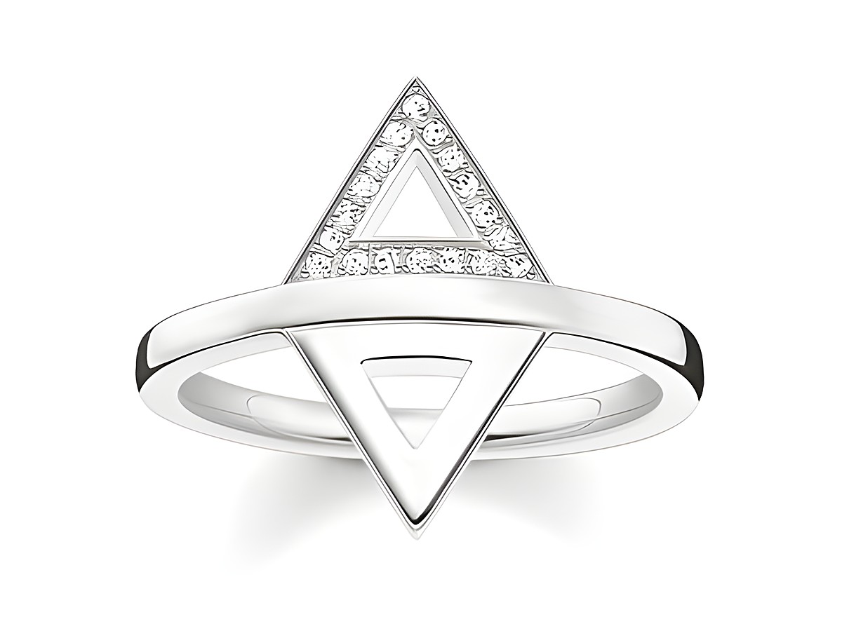 Ring von Thomas Sabo in Silber mit einem weißen Diamantdesign in Form von ineinanderliegenden Dreiecken, Größe 54. Ein modernes und elegantes Schmuckstück.