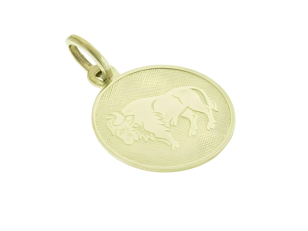 Ein goldener Anhänger mit dem Sternzeichen Stier, gefertigt aus Gold 333, zeigt eine stilisierte Abbildung eines Stiers auf einer strukturierten Oberfläche.