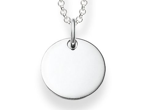 Polierte Silberkette von Thomas Sabo mit gravierbarem Anhänger in rundem Design. Länge 40/42,5/45 cm, ideal für persönliche Botschaften.
