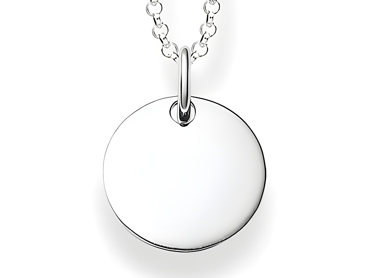 Polierte Silberkette von Thomas Sabo mit gravierbarem Anhänger in rundem Design. Länge 40/42,5/45 cm, ideal für persönliche Botschaften.