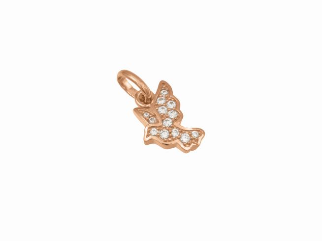 Anhänger einer Friedenstaube aus Sterling Silber in Roségold vergoldet, verziert mit funkelnden Zirkonia-Steinen, hergestellt von Juwelier Harnisch, ideal für Tierliebhaber.
