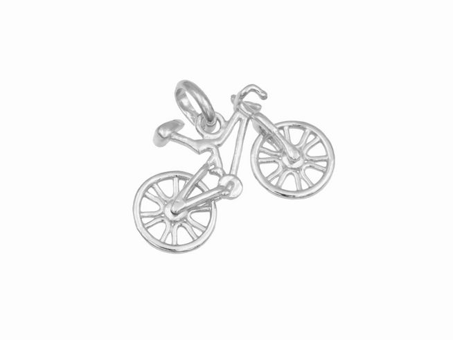 Ein filigraner Anhänger in Form eines Fahrrads aus rhodiniertem Sterling Silber vom Hersteller Juwelier Harnisch, ideal für sportliche Accessoires.